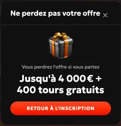 Bannière de bonus Gxbet — Jusqu'à 4 000 € et 400 tours gratuits avec bouton Retour à l'inscription