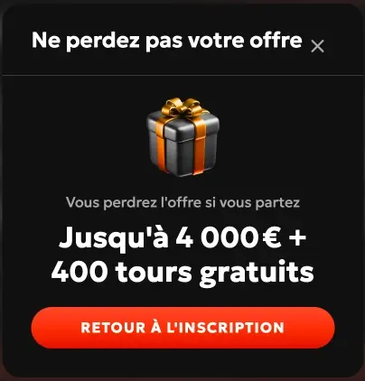 Bannière de bonus Gxbet — Jusqu'à 4 000 € et 400 tours gratuits avec bouton Retour à l'inscription